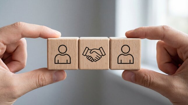 Hand holding wooden block handshake icon person symbol teamwork concept connection trust partnership