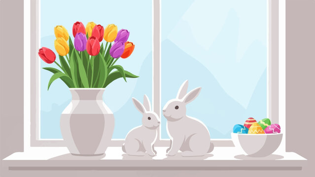 Two white rabbits sit on a windowsill next to a vase of colorful tulips and a bowl of painted eggs