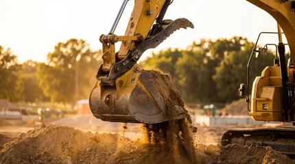 Excavator construction heavy machinery digging soil sunrise industry earthmoving powerful excavator digging soil sunrise