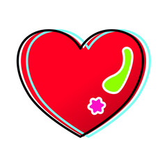 A  red heart features a prominent bright green curved highlight and a small pink six-petal flower accent in the bottom-right corner. It is defined by a thick black outline  on transparent background, 