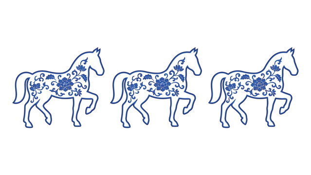 Three stylized blue and white porcelain horses with intricate floral patterns, walking in a row, depicting traditional Chinese artistry and elegance.