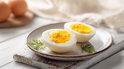 Halved hard boiled egg seasoned with pepper on a rustic plate, offering a healthy breakfast
