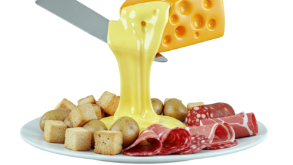 Melted Cheese Fondue with Bread, Potatoes, and Cured Meats