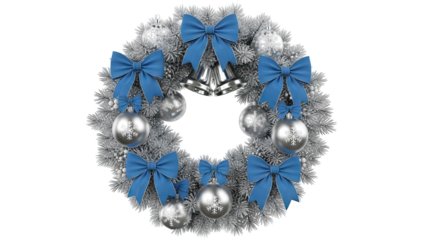 Christmas Wreath with Silver Ornaments and Blue Bows