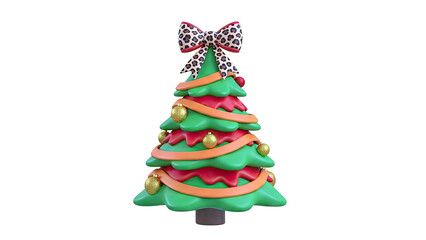 Cartoon Christmas Tree with Leopard Bow and Gold Ornaments