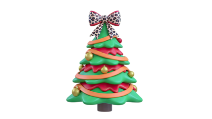 Cartoon Christmas Tree with Leopard Bow and Gold Ornaments