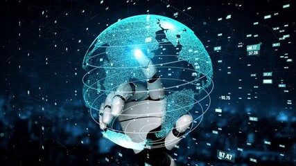 A striking digital illustration showcasing a robotic hand interacting with a glowing globe, representing the fusion of artificial intelligence and global data connectivity. Xenic - Powered by Adobe