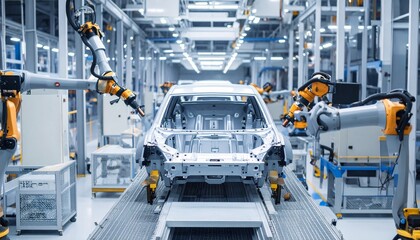 Car Factory  Automated Robot Arm Assembly Line Manufacturing