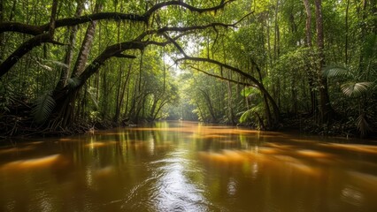 Obraz premium Serene rainforest river scene with lush green trees and reflective water in a dense jungle setting