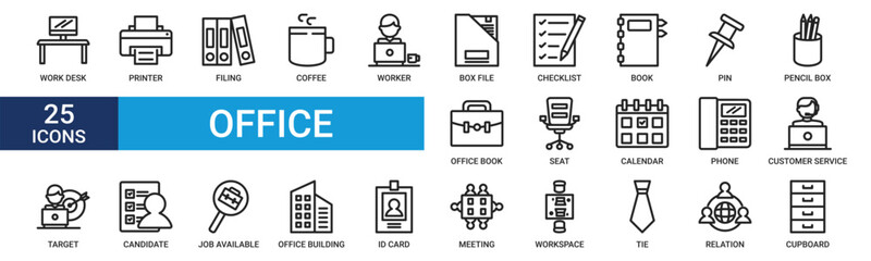 Office icon set. Containing work desk, printer, filing, coffee, worker, box file, checklist, book and more. Line vector icons collection.