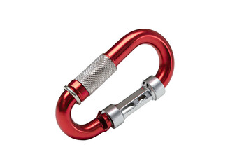 Red metal carabiner with a silver twist-lock mechanism, floating in darkness
