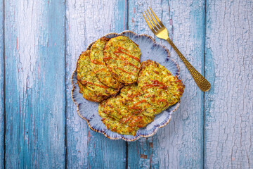 Gluten free zucchini and broccoli oven baked pancakes, low carb diet