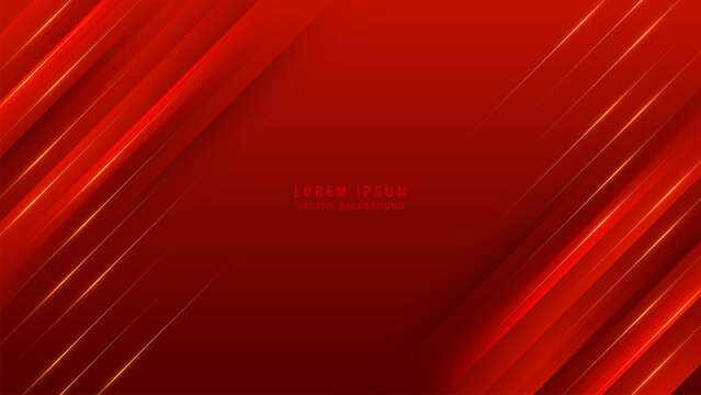 Abstract luxury red geometric background with golden glowing diagonal lines