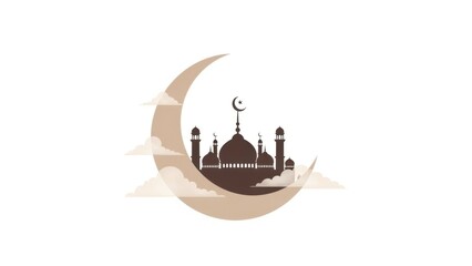 Beautiful mosque silhouette with crescent moon and clouds