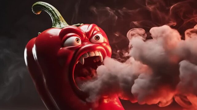 Angry Cartoon Red Pepper Screaming Viciously with Billowing Smoke and Fiery Glow - Extreme Spice Mascot Concept