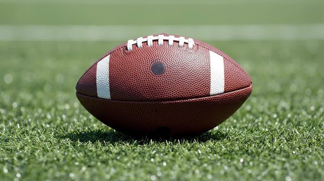 American Football Placed on Green Turf Field, Clean Cinematic Sports B-roll, Game Preparation Concept 4K