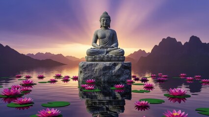 Serene Buddha statue sitting on stone pedestal surrounded by pink lotus flowers in tranquil mountain lake at sunset