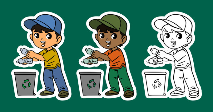 Boy Putting Trash into a Recycling Bin Cartoon Illustration