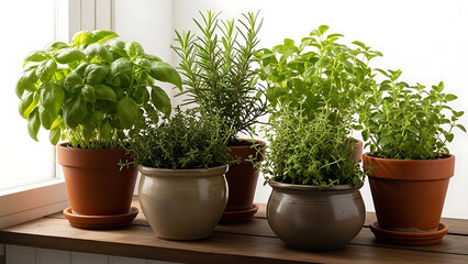 A vibrant collection of fresh herbs growing in pots on a sunlit kitchen windowsill