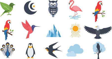Minimalist flat vector wildlife bird icon set owl flamingo parrot hummingbird eagle penguin peacock © ArtFlex