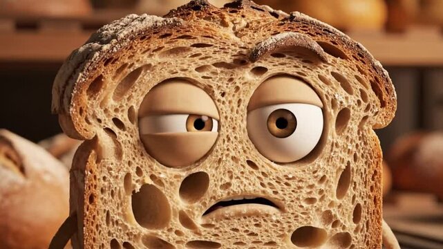 Animated Sourdough Bread Slice Reacts with Shock and Wide Eyes in Bakery Setting - Food Anxiety