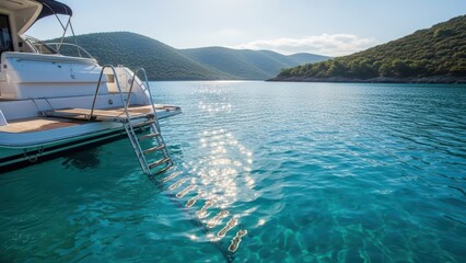 Obraz premium Serene yacht anchored in shimmering turquoise water of tranquil cove surrounded by lush green hills in bright sunshine