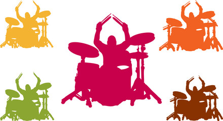 WebCollection of vibrant colorful musician silhouettes passionately performing energetic drum solos capturing the dynamic essence of live rock music performance art