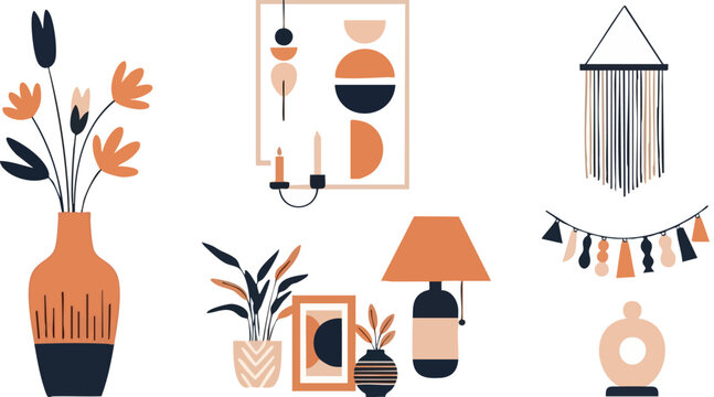 WebCollection of abstract minimalist bohemian home decor illustrations featuring floral arrangements potted plants lamps and hanging wall art elements