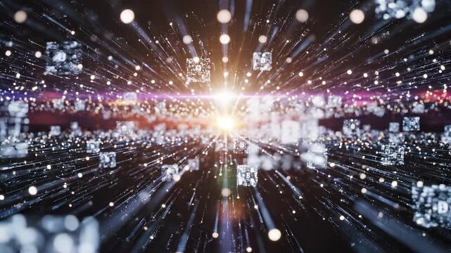 An explosion of light radiates from a central point, surrounded by glowing digital cubes and particles. This scene illustrates the concept of digital connectivity and innovation through vibrant