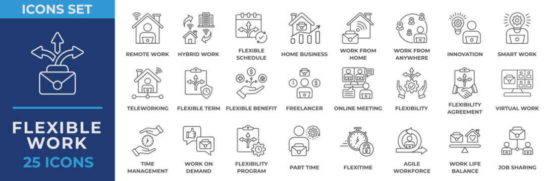 Flexible Work Icons Set Collection, with remote work, hybrid work, flexible schedule, business, home, innovation, freelancer icon. Line vector illustration.