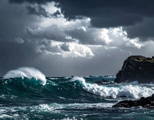 A dramatic ocean scene unfolds with large turquoise waves crashing against dark rocks under ominous, stormy skies