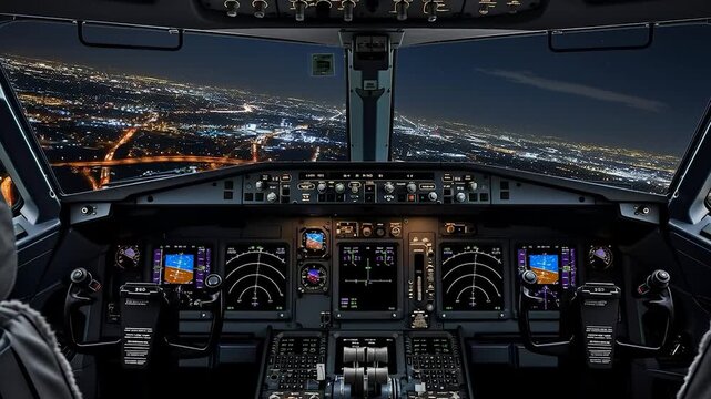 Wide Angle Night View from Commercial Jet Cockpit Overlooking Endless City Lights, Pilot Perspective of Flight Deck and Navigation, Concept of Modern Aviation Industry and Night Travel.