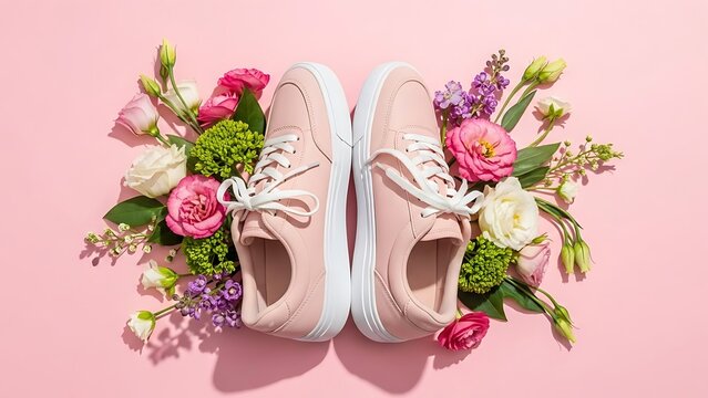 A pair of pink sneakers adorned with vibrant colorful flowers on a soft pink background showcasing a unique blend of fashion and nature