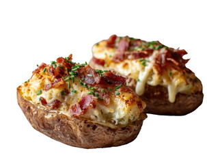 Two stuffed baked potatoes with cheese, bacon, and chives on a dark surface