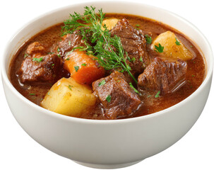 Hearty beef stew in a white bowl, garnished with herbs, rustic & flavorful