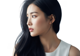 Portrait of a beautiful asian woman with long black hair isolated on transparent background