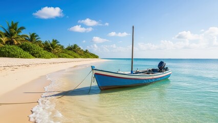 Serene blue boat anchored on tropical sandy beach with lush greenery and clear turquoise water under sunny sky