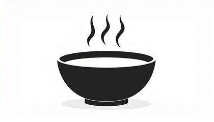 Black Bowl Filled With Hot Soup Emitting Steam Against A White Background With Subtle Shadowing