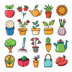 Cartoon garden icons and plants collection with outline