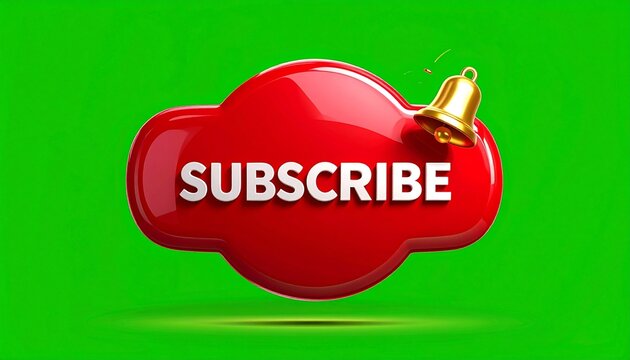 "Red cloud-shaped subscribe button with white text and golden bell on green background"