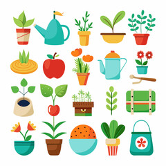 Vibrant assortment of gardening tools, plants and produce icons