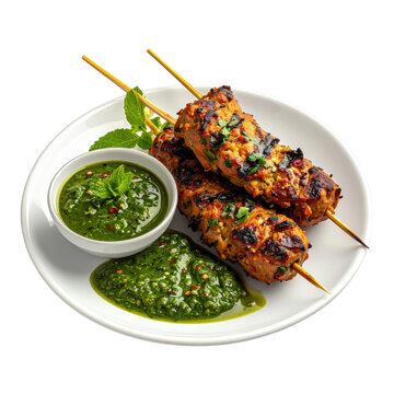 A plate of Shami Kabab with mint chutney, isolated on white background