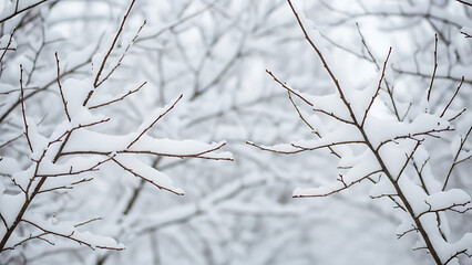 A close-up view of intricate branches dusted with a layer of fresh white snow