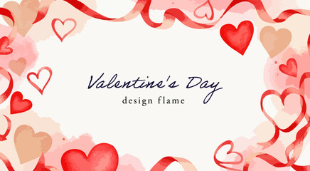 水彩タッチのハートが囲むバレンタイン背景フレーム｜赤とピンクのやさしいグラデーションと余白を活かしたロマンチックデザイン素材