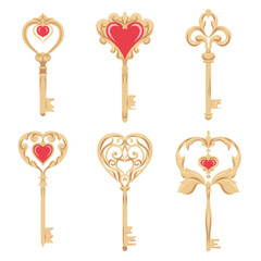 Vector set of golden keys with hearts. A collection of vintage metal keys. A Valentine Day symbol for stickers, cards, and games.