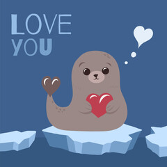 Vector greeting card with a cute, naive sea lion with a heart and lettering. I love you. Valentines Day card. Hand drawn flat style.