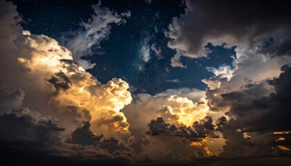A dramatic scene of clouds illuminated by warm light with a starry night sky peeking through the gaps