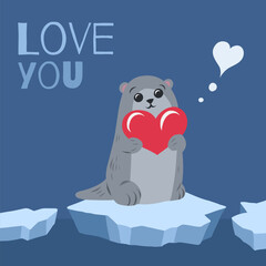 Vector greeting card with a cute, naive otter hugging a heart and lettering. I love you. Valentines Day card. Hand drawn flat style.