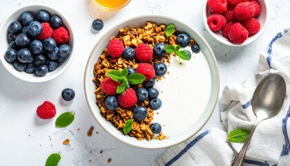 Yogurt bowl with granola fresh blueberries raspberries and mint garnish