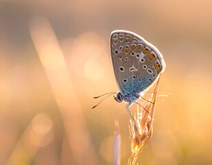 A delicate butterfly, its wings adorned with intricate patterns, perches on a dried grass blade, bathed in warm, soft sunlight